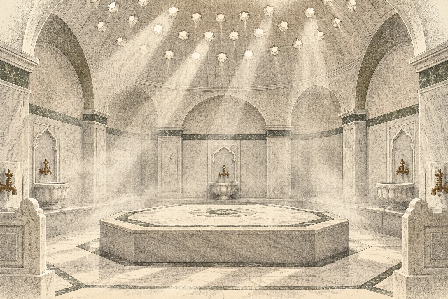 Illustration eines lichtdurchfluteten Hamams mit Kuppel und warmem Marmorstein.