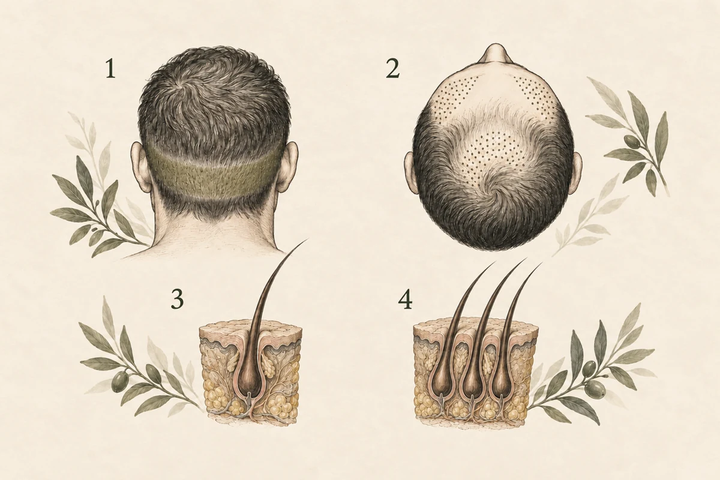 Schematic views of a head showing a marked donor area and example recipient areas; Illustration of two follicular units containing different numbers of hairs