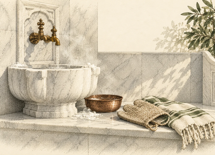 Illustration einer Marmorschale, eines Kese-Handschuhs und eines gestreiften Peştemals.