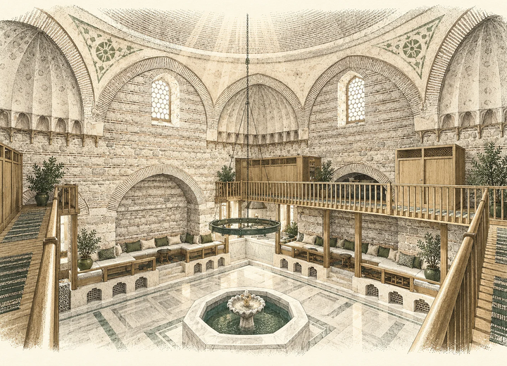 Illustration einer historischen Ruhehalle mit Bögen und einem Brunnen.