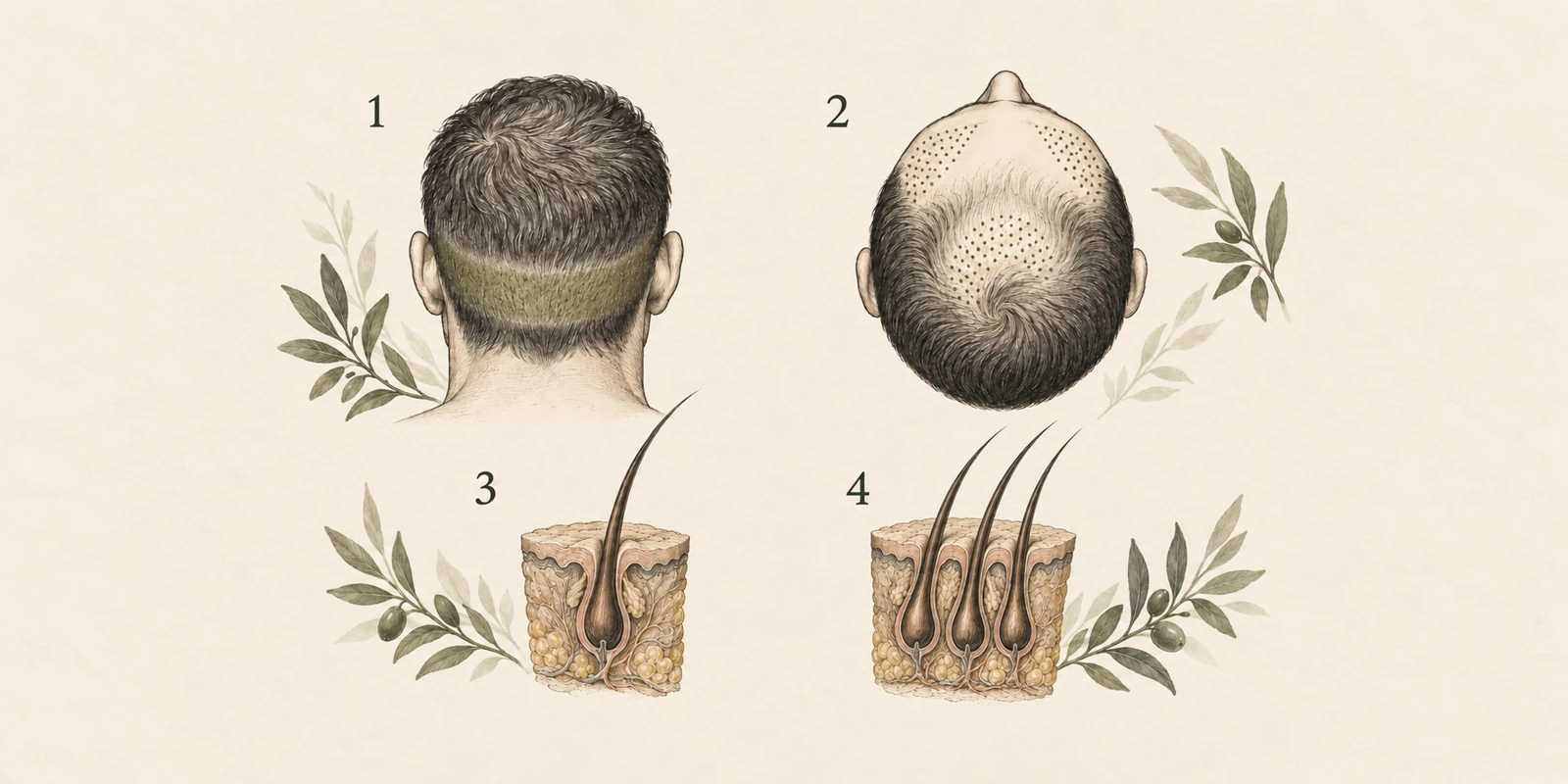 Vistas esquemáticas de la cabeza con la zona donante y ejemplos de zonas receptoras señalados; Ilustración de dos unidades foliculares con distinto número de cabellos